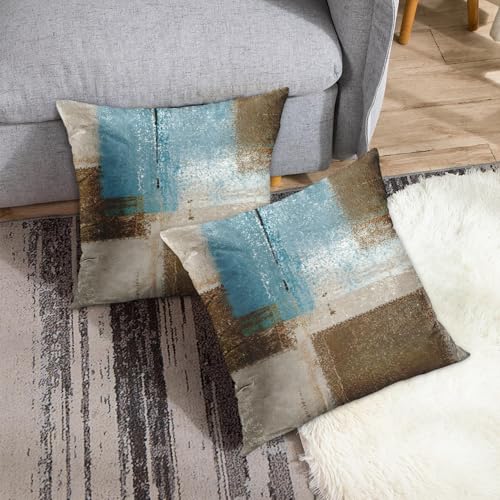 Britimes Throw Pillow Covers Set of 2, 16 x 16 Inch, Blue Beige Brown - color: Beige Blue, size: 16" x 16" (Pack of 2)