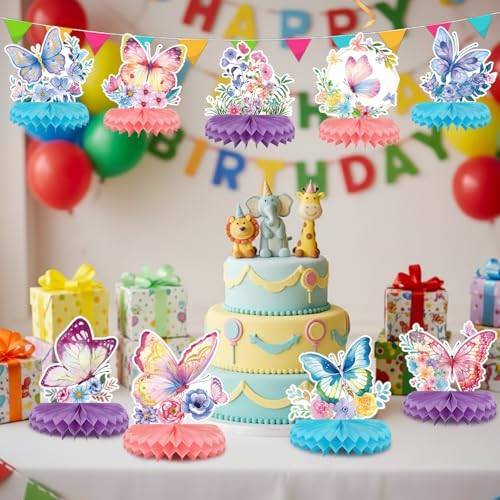 9-Piece Butterfly Table Centerpieces Set Honeycomb Spring Birthday Party Decorations Butterfly Theme Decor for Birthday Baby Shower - color: Colour Butterfly