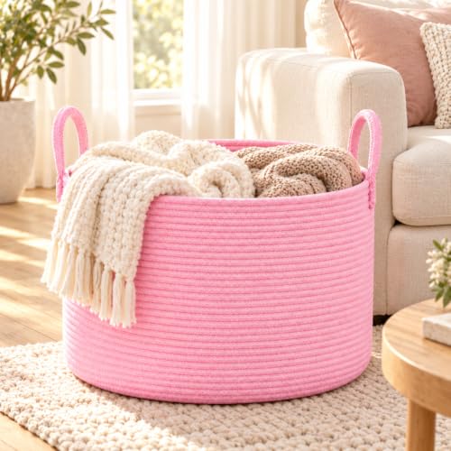 Large Blanket Basket Pink, Round Soft Woven Rope Basket - color: Pink, size: Extra Large