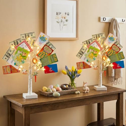 PEIDUO Set of 2 Money Trees, Lighted 22Inch 24LT White Birth Tree with Clips and Greeting Cards, Gift Card Holder for Birthday,Christmas, Wedding, Father's Day Graduation Gifts, Money Tree Gift Holder - color: Transparent,white