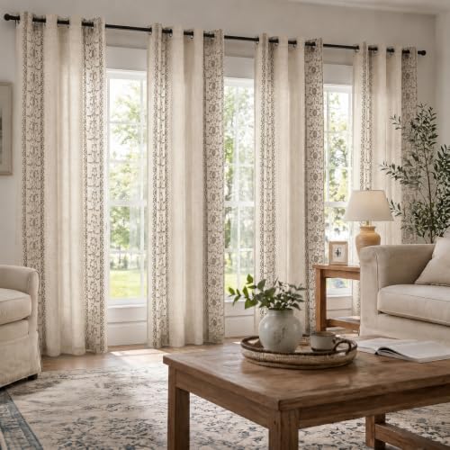 Deconovo Floral Linen Sheer Curtains 84 Inch Long for Living Room 2 Panels - color: Beige/Vine Blossom/Grommet, size: 50"W x 84"L (Pack of 2)