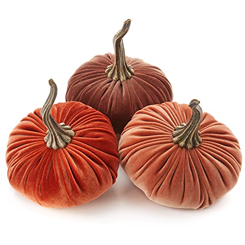 Set of 3 Velvet 6.25 Inch Pumpkins (Harvest, Bronze, Rust) - color: Harvest, Bronze, Rust