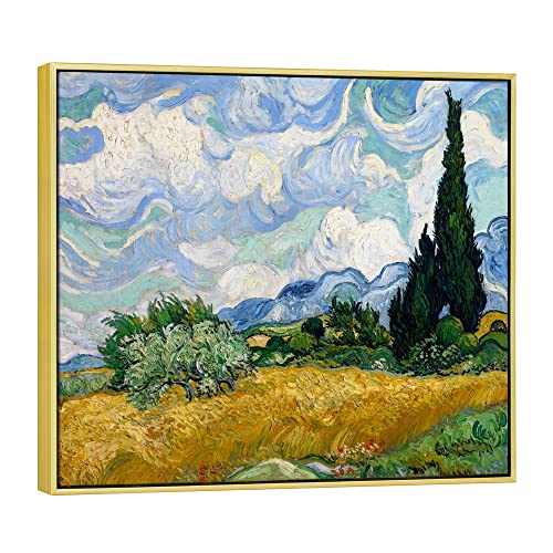 Wieco Art Framed Canvas Art Wheat Field with Cypresses by Van Gogh Impressionist Landscape oil Paintings Canvas Prints Artwork Wall Art for Living Room Home Office Decorations - size: 24"L x 20"W