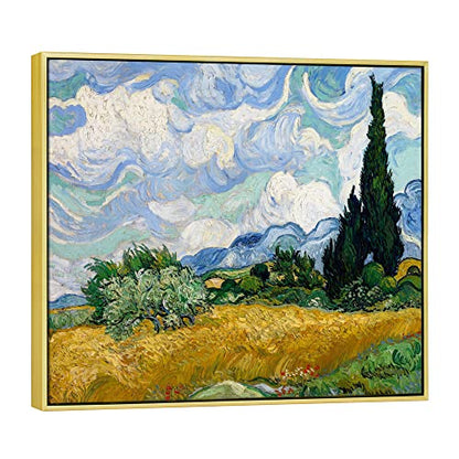Wieco Art Framed Canvas Art Wheat Field with Cypresses by Van Gogh Impressionist Landscape oil Paintings Canvas Prints Artwork Wall Art for Living Room Home Office Decorations - size: 24"L x 20"W