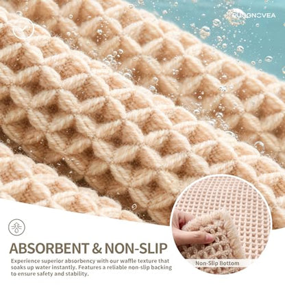 Waffle Bath Mat with Tassels 32x20 Non Slip Absorbent, Beige - color: Beige, size: 32" X 20" (Bathroom Rug)