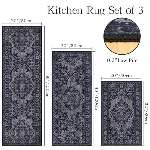 Boho Navy Blue Kitchen Rug Sets of 3, Non Slip Washable Kitchen Floor Mats, Soft Vintage Thin Farmhouse Decor Rugs for Sink Front, Entryway, Hallway, Bathroom and Laundry Room - color: Blue-b, size: 20"x32"+20"x48"+20"x59"