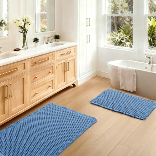 JIUZHEN Set of 2 Waffle Bathroom Rugs Boho Bath Mats 16"x24"+24"x36", Blue - color: Blue, size: 16"x24" + 24"x36"