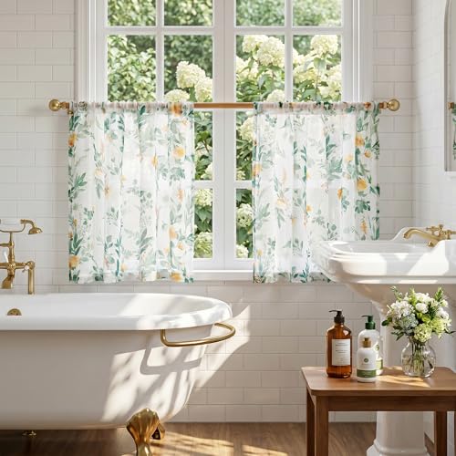 MYSKY HOME Green Floral Sheer Cafe Curtains 36 Inches Long - color: Green, size: 52"W x 36"L (Pack of 2)