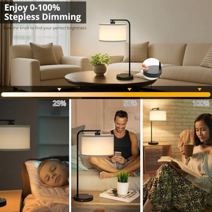 Seaside village Table Lamp for Bedroom with USB C+A Ports, Fully Stepless Dimmable Farmhouse Bedside Lamp Nightstand Light, Tall Reading Desk Lamp for Living Room, Office, 9W LED Bulb Included - color: Black Base with White Shade