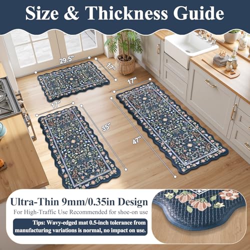 Yamaziot Boho Anti Fatigue Kitchen Rug Set of 3 Scalloped Non-Slip, Blue - color: Blue, size: 17.3"x29"+17.3"x35"+17.3"x47"