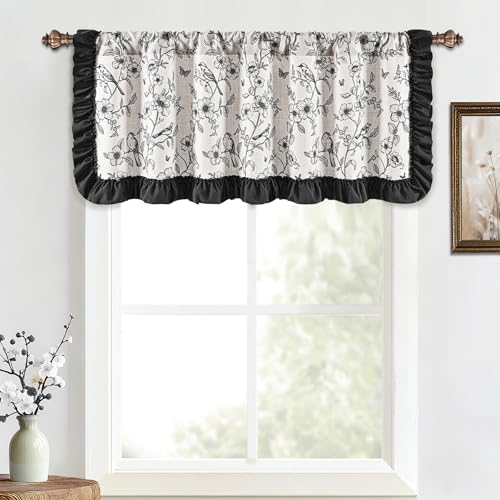 Yinhua Floral Valances for Windows with Ruffle, Farmhouse French Linen Window Valances Curtains, Light Filtering Rod Pocket Kitchen Curtains Valance for Living Room Bathroom, 52" W x 18" L, 1 Panel - color: Black, size: 52"W x 18"L (Pack of 1)