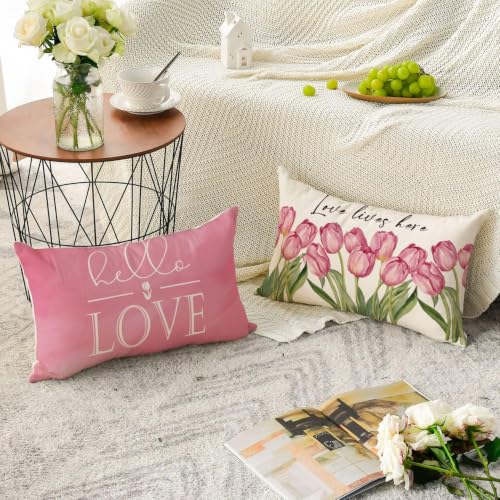 AVOIN colorlife Hello Love Pink Tulips Bicycle Throw Pillow Covers, 12 x 20 Inch Flowers Spring Mother's Day Cushion Case for Sofa Couch Set of 4 - size: 20" x 12" (Pack of 4)
