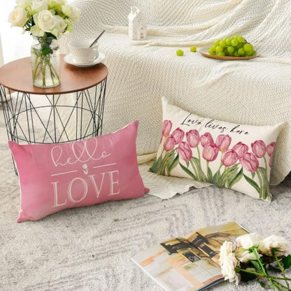 AVOIN colorlife Hello Love Pink Tulips Bicycle Throw Pillow Covers, 12 x 20 Inch Flowers Spring Mother's Day Cushion Case for Sofa Couch Set of 4 - size: 20" x 12" (Pack of 4)