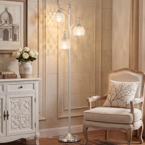 Brushed Nickel Floor Lamps for Living Room 66.5in Vintage Silver Standing Lamp with Glass Shade 3 Way Brightness Lights Mid Century Modern Pole Lights Corner Lamp for Bedroom Office(Bulbs Included) - color: Silver-3