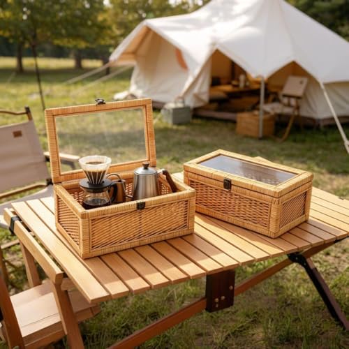 SOFE Rattan Storage Box with Lid, Rectangular Boho Display Box Set of 2