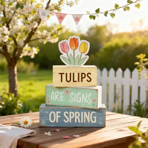 Spring Decoration Wooden Tiered Tray Decor – Tulips Spring Stacked Block Sign with Floral Accent – Farmhouse Tabletop Spring Decor for Shelf Mantel Seasonal Home Display - style: Tulips