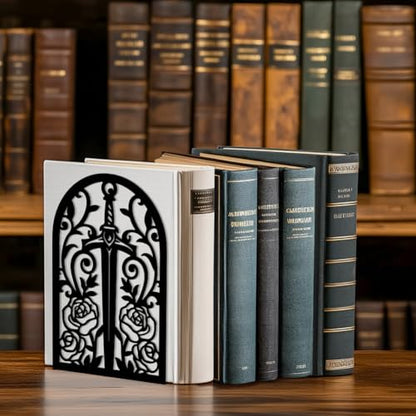 Peacoblue 5.3"x4.3"x7.9" Metal Bookends, Heavy Duty Book Ends for Shelves - style: Sword with Vine and Rose