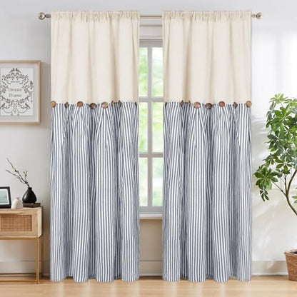 ASPMIZ Cotton Linen Farmhouse Curtains Boho Rustic Button Drapes, Linen Window Curtain Panels, Blue Stripe Country Curtain for Living Room, Modern Back Tab Blackout Curtains 52 x 84 Inch, 2 Panels - color: Beige&blue, size: 52"W x 84"L (Pack of 2)