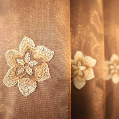 Amidoudou 1 Pair European Double Layer Curtains for Living Room Bedroom Luxury Flower Embroidered Curtains with Valance (Brown,52x102 Inch) - color: Brown, size: 52"W x 102"L (Pack of 2)