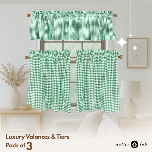 Native Fab Gingham Buffalo Check 3 Piece Window Curtain Tiers 26"x36" and Valance 54"x18" Set - Rod Pocket - Semi Sheer - Short Curtain for Kitchen, Cafe, Living Room - Lemon Green White - color: Lemon Green
