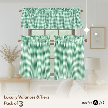 Native Fab Gingham Buffalo Check 3 Piece Window Curtain Tiers 26"x36" and Valance 54"x18" Set - Rod Pocket - Semi Sheer - Short Curtain for Kitchen, Cafe, Living Room - Lemon Green White - color: Lemon Green