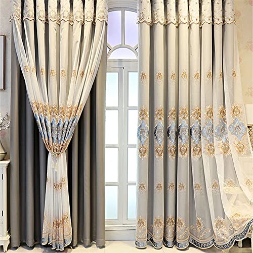 Amidoudou 1 Pair European Double Layer Curtains with Sheer Curtains for Living Room Bedroom Luxury Embroidered Blackout Curtains (Dark Gray,52x84 Inch) - color: Dark Gray, size: 52"W x 84"L (Pack of 2)