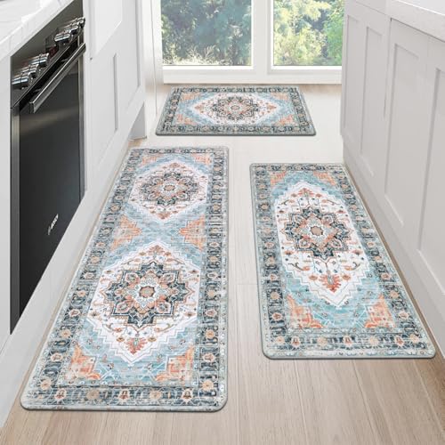 Cushioned Kitchen Rug Sets 3 Piece Anti Fatigue Kitchen Mats for Floor Non Slip Waterproof Kitchen Rugs and Mats Comfort Standing Mat Runner for Home Office,Sink,Laundry - color: Blue