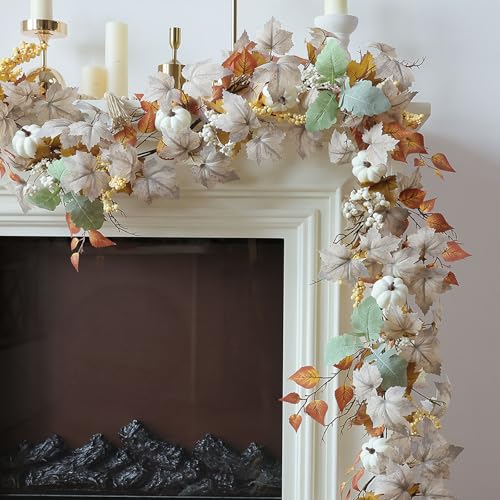 MIZII Fall Decor Artificial Maples Leaf Pumpkin Garland 6FT Autumn Maple Vines Garland Thanksgiving Halloween Harvest Decorations for Home Porch Mantle Fireplace Farmhouse Outdoor Indoor (6FT,Fall) - color: 6ft,fall