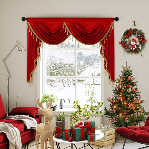 ELKCA Luxury Burgundy Red Velvet Curtain Valances for Living Room with Beads(59inch,1 Panel) - color: Burgundy Red, size: 59"W x 43"L (Pack of 1)