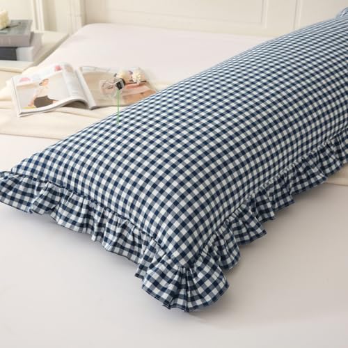 Silnuo Navy Blue/White Gingham Plaid Ruffled Body Pillow Cover 20"x54" - color: Navy Blue Plaid, size: Body Pillow (20" x 54") - 1 Piece