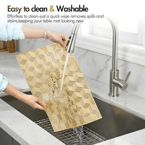 Quantum Love Geometric Gold PVC Placemats Set of 6 Heat Resistant Non-Slip Washable Dinning Kitchen Table Mats, Wipeable Square Cube Place Mats for Party Events Restaurant Wedding Home - color: Gold Cube
