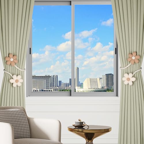 Meplait 2 Pack Flower Curtain Tiebacks, Boho Curtain Holdbacks, Beige&Khaki - color: B Flower-beige & Khaki
