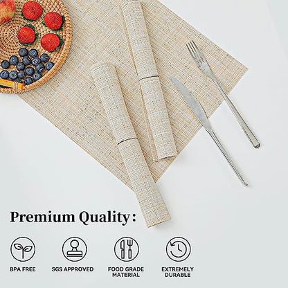 Woven Vinyl Beige Placemats Set of 16, Linen Look & Easy to Clean - color: Beige, size: Set of 16