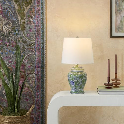 Nourison Home 24" Green & Blue Floral Ginger-Jar Ceramic Traditional Table Lamp for Living Room, Bedroom, Dining Room, Reading