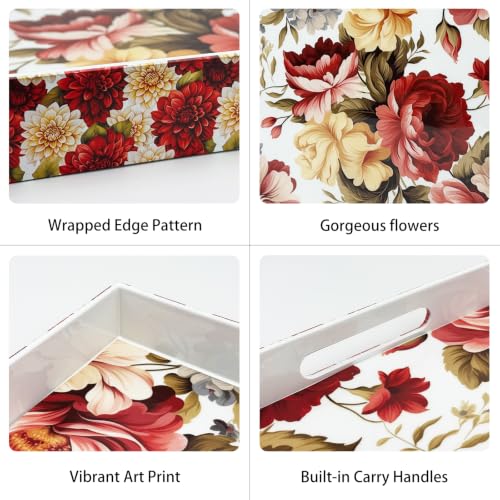 Serving Tray with Handles, 15.7 * 11.8 inches, Plastic Ottoman Tray with Exquisite Paintings, Trays for Coffee Table - color: Red Bloom