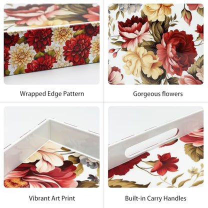 Serving Tray with Handles, 15.7 * 11.8 inches, Plastic Ottoman Tray with Exquisite Paintings, Trays for Coffee Table - color: Red Bloom
