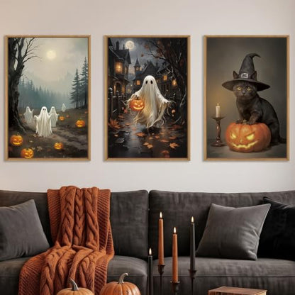 DRACIT Spooky Halloween Ghost Pumpkin Framed Canvas Wall Art Set-16"x24"x3 - color: Spooky Halloween Ghost Lighted Pumpkin Wall Art, size: 16"L x 24"W