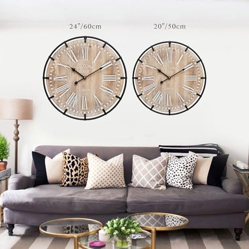 EMAX HOME 20 Inch Large Farmhouse Wall Clock, Rustic Antique Wood with Metal Circle and Large Engraved Numerals, Silent Battery Operated Wall Clock for Office Kitchen Bedroom Living Room - color: Brown, size: 20 Inch Roman numerals
