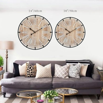 EMAX HOME 20 Inch Large Farmhouse Wall Clock, Rustic Antique Wood with Metal Circle and Large Engraved Numerals, Silent Battery Operated Wall Clock for Office Kitchen Bedroom Living Room - color: Brown, size: 20 Inch Roman numerals