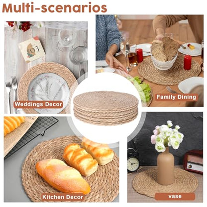 Round Woven Placemats Set of 20, 12" Brown Round Rattan Placemats Natural Water Hyacinth Place mats Farmhouse Boho Braided Placemat for Dining Table, Home, Wedding, Heat Resistant/Anti-Slip