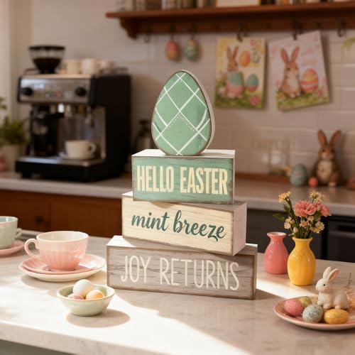 Easter Decorations - Hello Easter Egg Tiered Tray Decor - Wooden Easter Tabletop Sign - Rustic Farmhouse Spring Home Decor Indoor for Tiered Tray Shelf Mantel Entryway Coffee Table - Spring Home Decor for Living Room, Kitchen Counter - style: Egg