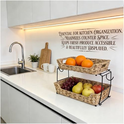 2-Tier Round Faux Rattan Wicker Storage Basket with Metal Frame, Countertop Organizer Shelf for Kitchen, Bathroom, Pantry (Corner)