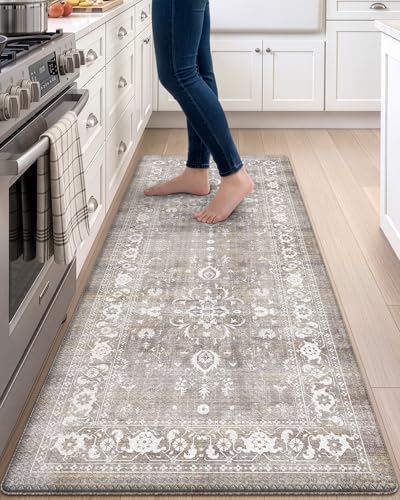 DEXI Kitchen Floor Mats Cushioned Anti Fatigue Runner Rug 24x59 Grey Floral - color: Beige Grey, size: 59"L x 24"W x 0.4"Th