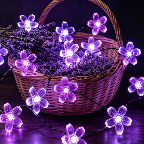 33ft Black Cord Plug in 100 LED Purple Christmas Flower String Lights Decor | Connectable Halloween Goth Fairy Lights for Valentine's Day, Wedding, Birthday Party, Patio, Balcony Indoor Outdoor Decor - color: Purple Flower-Black Wire