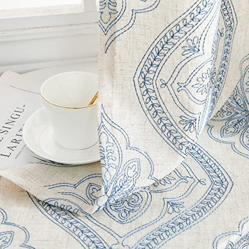 jinchan Boho Floral Linen Curtains 84 Inch Blue on Ecru Grommet 2 Panels - color: Damask Blue, size: 50"W x 84"L (Pack of 2)