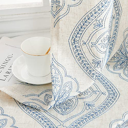 jinchan Boho Floral Linen Curtains 96 Inch Blue on Ecru Grommet 2 Panels - color: Damask Blue, size: 50"W x 96"L (Pack of 2)