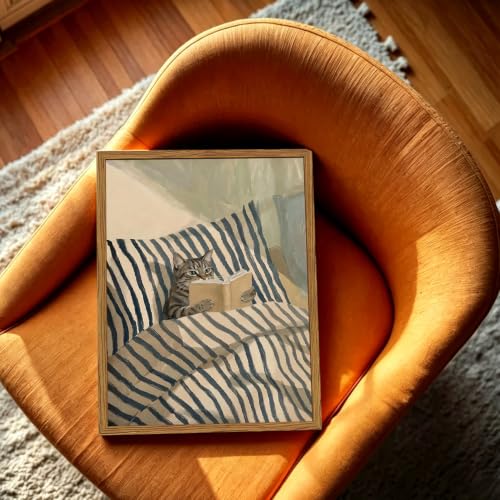 Framed Funny Cat Wall Art, Whimsical Tabby Cat Reading Book in Striped Bed Pictures Wall Decor, Cute Animal Paintings Canvas Prints Cozy Home Decor for Bedroom Living Room Reading Nook 16x24 inch - color: Tabby Cat, size: 24"L x 16"W