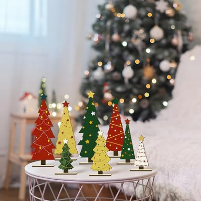 8PCS Christmas Wooden Tabletop Tree Decorations Set, Winter Holiday Wood Tree Table Centerpieces Fireplace Mantel Decor Merry Xmas Sign Table Top Party Supplies