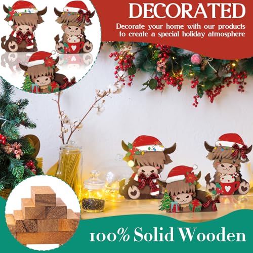 GlikCeil 3 Pcs Christmas Highland Cow Table Decorations Wood Centerpiece - style: Christmas