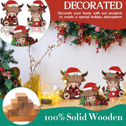 GlikCeil 3 Pcs Christmas Highland Cow Table Decorations Wood Centerpiece - style: Christmas